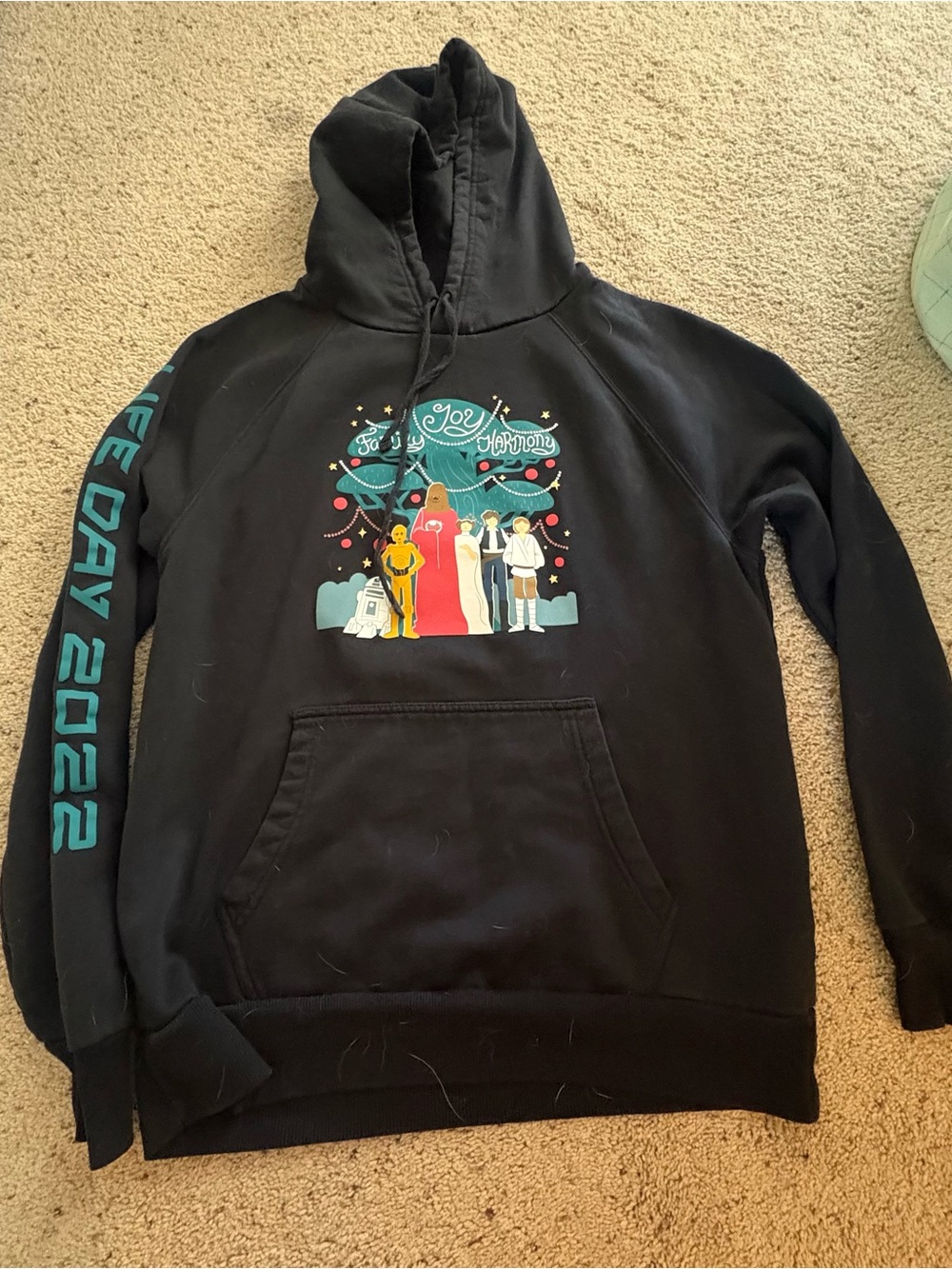 Disney Black Holiday Star Wars Hoodie with Teal Sleeve Text